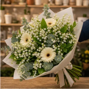 Buchet Lacramioare albe si gerbera crem - poza 2