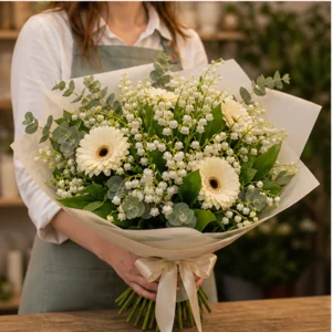 Buchet Lacramioare albe si gerbera crem - poza 3