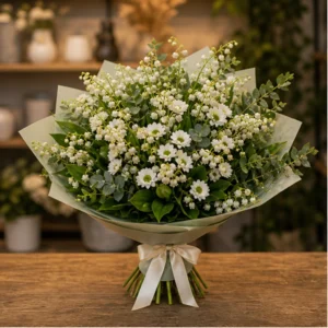 Buchet Lacramioare cu santini alb si verdeata - poza 1