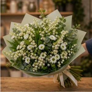 Buchet Lacramioare cu santini alb si verdeata - poza 2