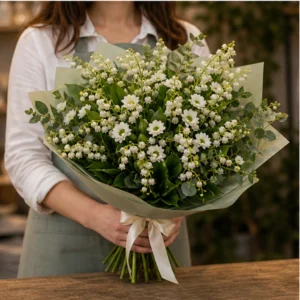 Buchet Lacramioare cu santini alb si verdeata - poza 3