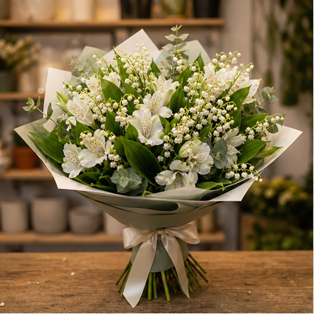 Buchet Lacramioare delicate si alstroemeria alba - poza 1