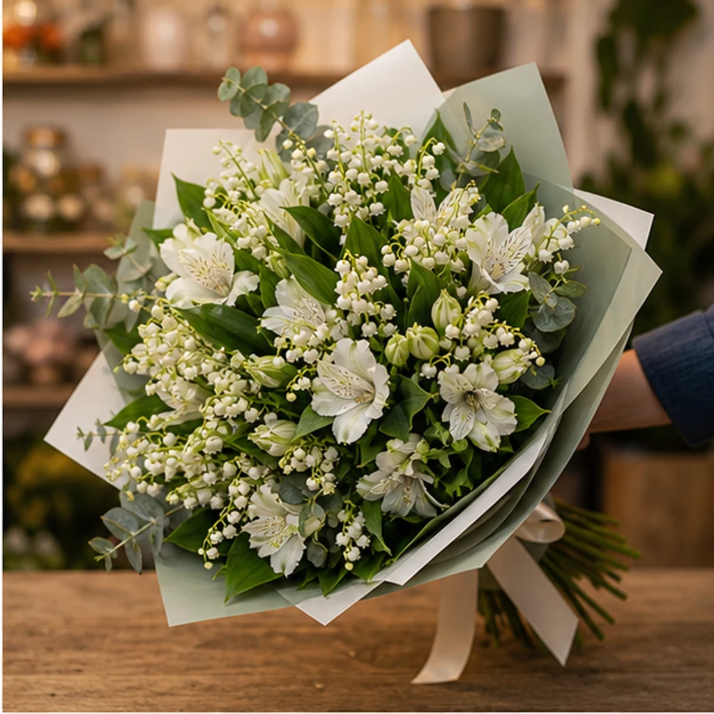 Buchet Lacramioare delicate si alstroemeria alba - poza 2