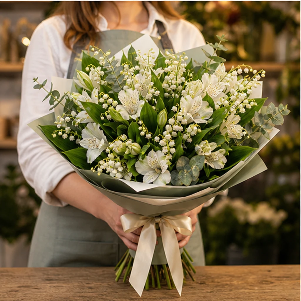 Buchet Lacramioare delicate si alstroemeria alba - poza 3