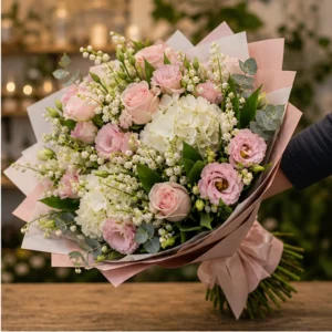 Buchet Lacramioare deluxe alb si roz pudrat - poza 2