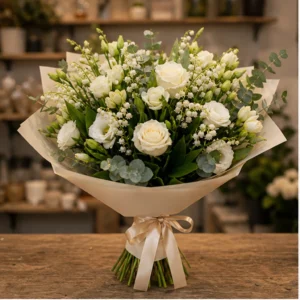 Buchet Lacramioare elegant cu lisianthus si frezii - poza 1