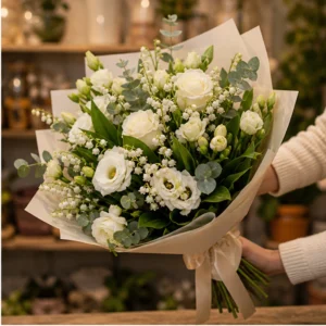 Buchet Lacramioare elegant cu lisianthus si frezii - poza 2