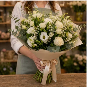 Buchet Lacramioare elegant cu lisianthus si frezii - poza 3