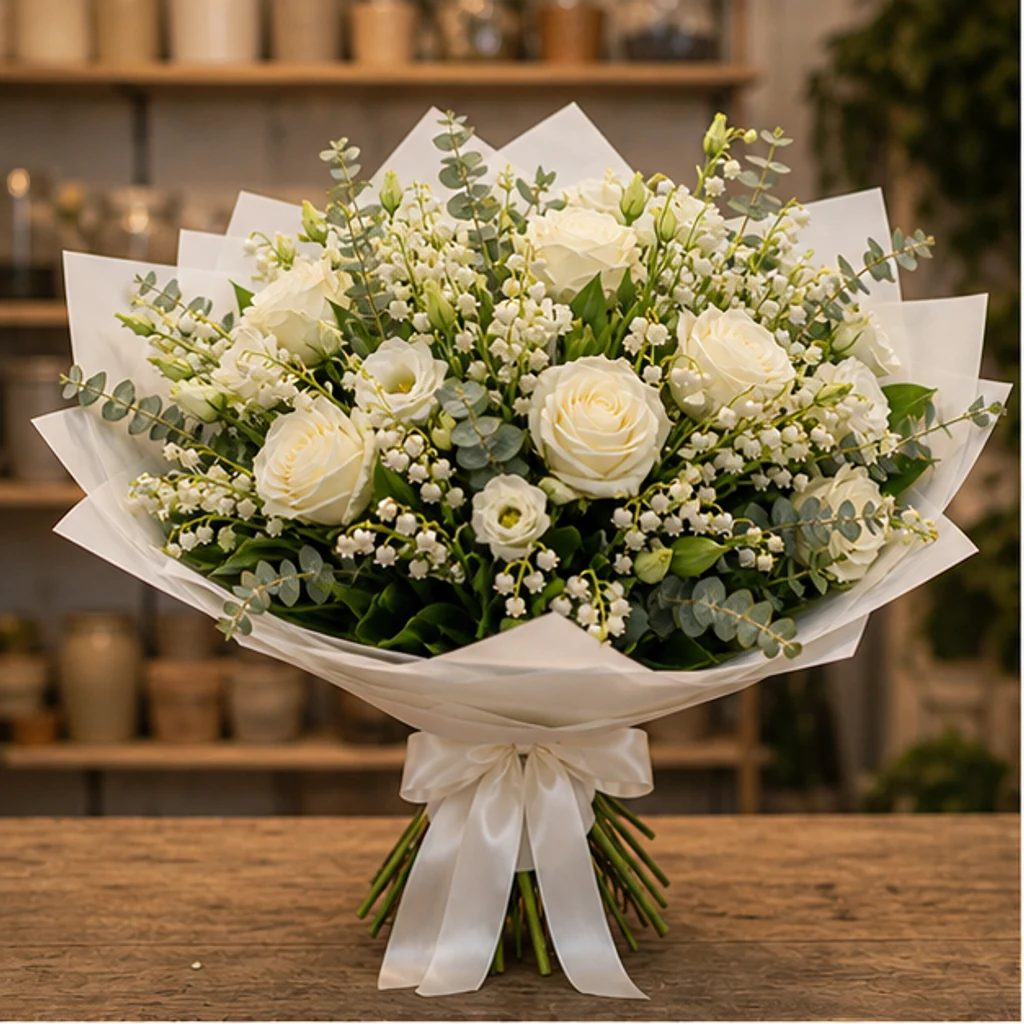 Buchet Lacramioare grand cu trandafiri albi - poza 1
