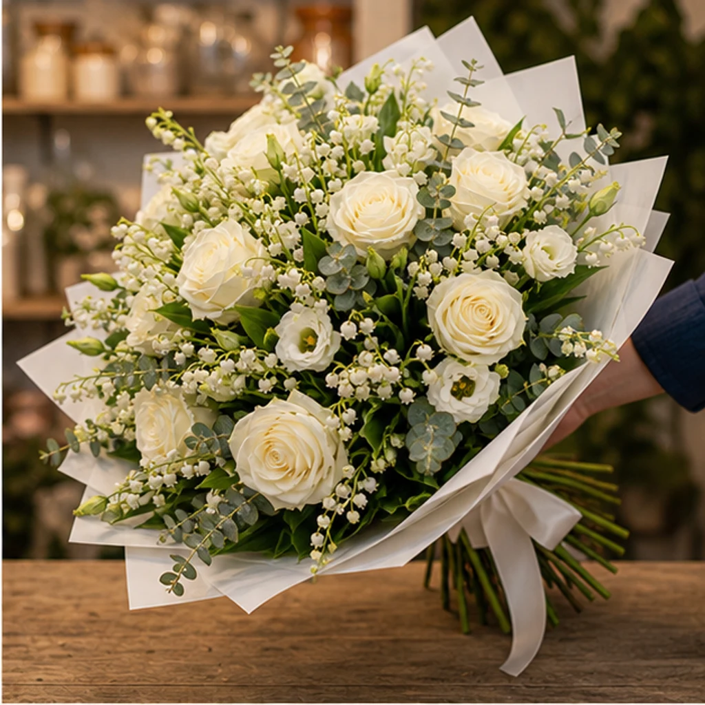 Buchet Lacramioare grand cu trandafiri albi - poza 2