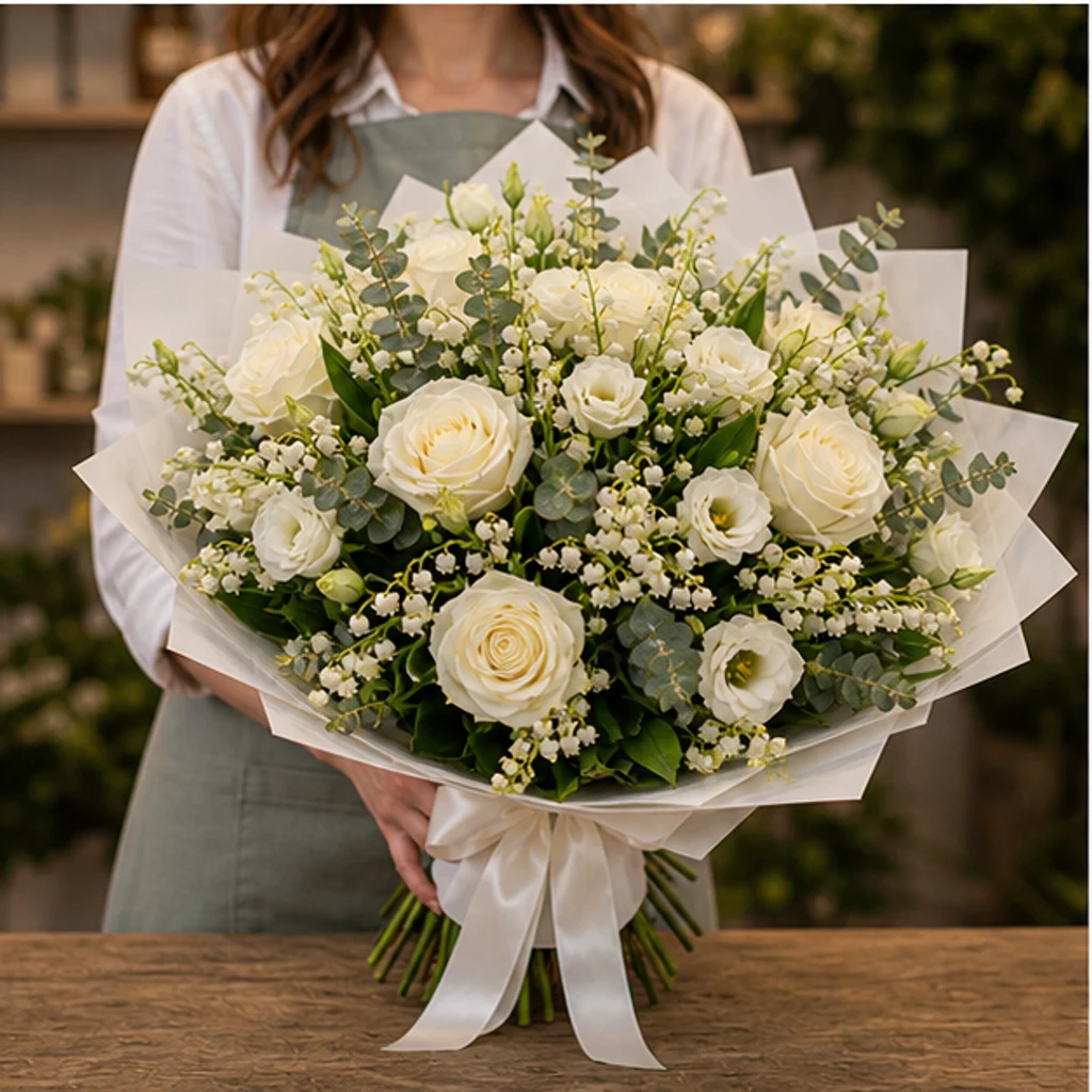 Buchet Lacramioare grand cu trandafiri albi - poza 3