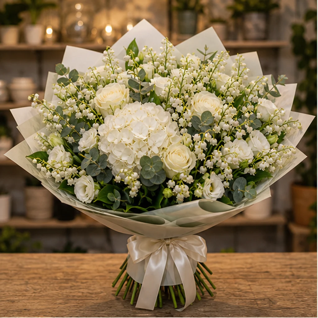 Buchet Lacramioare lux cu hortensie alba si eucalipt - poza 1
