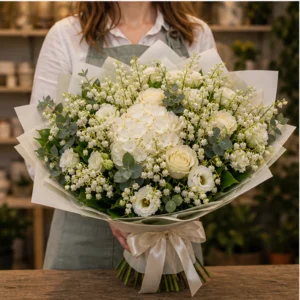 Buchet Lacramioare lux cu hortensie alba si eucalipt - poza 3