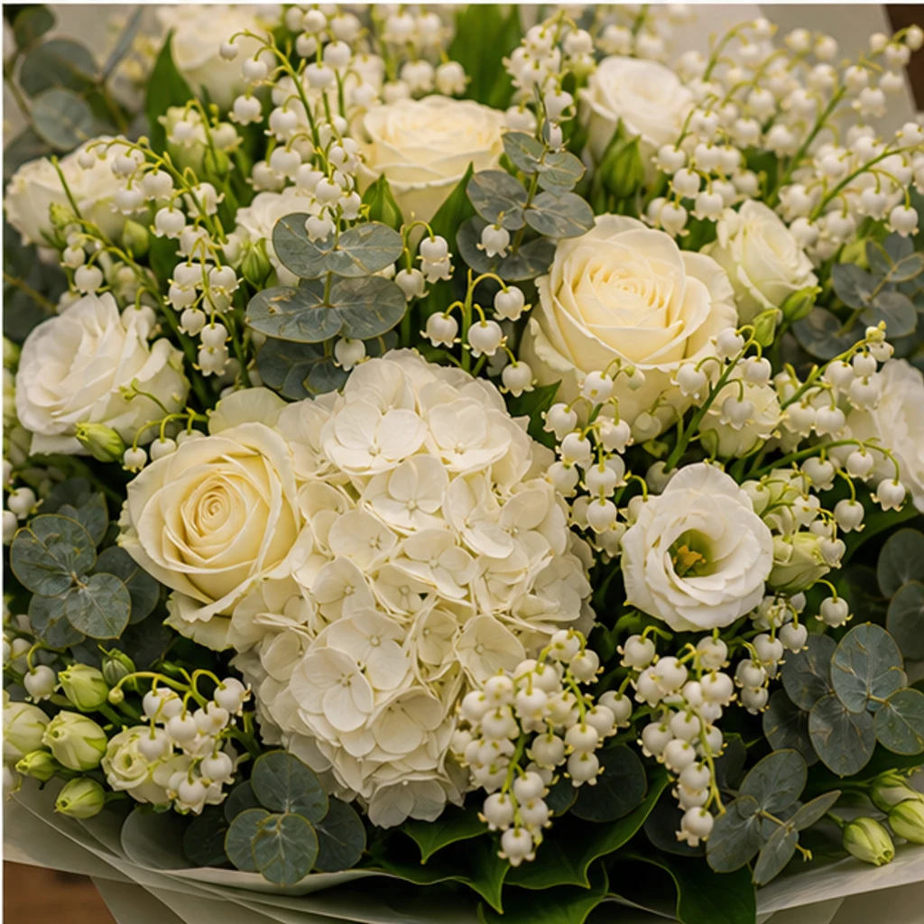 Buchet Lacramioare lux cu hortensie alba si eucalipt - poza 4