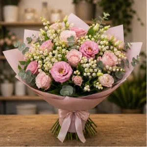 Buchet Lacramioare pastel si lisianthus roz - poza 1