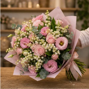 Buchet Lacramioare pastel si lisianthus roz - poza 2