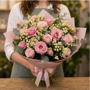 Buchet Lacramioare pastel si lisianthus roz - poza 3