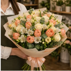 Buchet lalele si frezii deluxe piersica si crem - poza 2