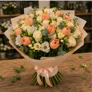 Buchet lalele si frezii deluxe piersica si crem - poza 3