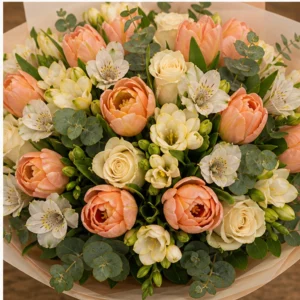 Buchet lalele si frezii deluxe piersica si crem - poza 4