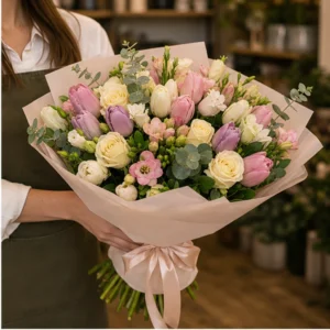 Buchet lalele si frezii lux pastel elegant - poza 2