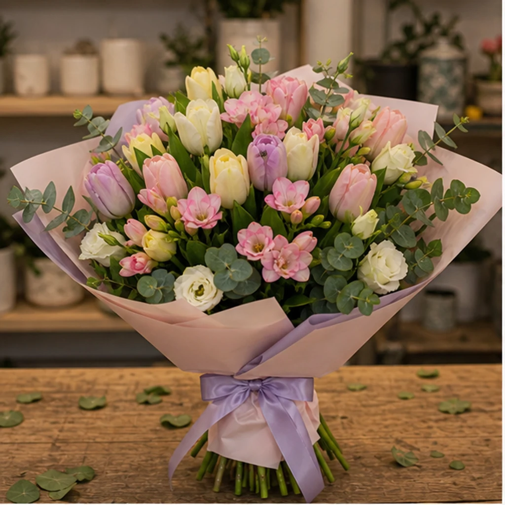 Buchet lalele si frezii pastel cu lisianthus - poza 1