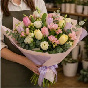 Buchet lalele si frezii pastel cu lisianthus - poza 2