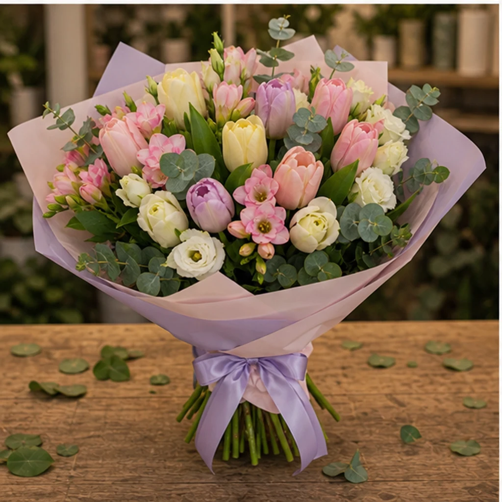 Buchet lalele si frezii pastel cu lisianthus - poza 3