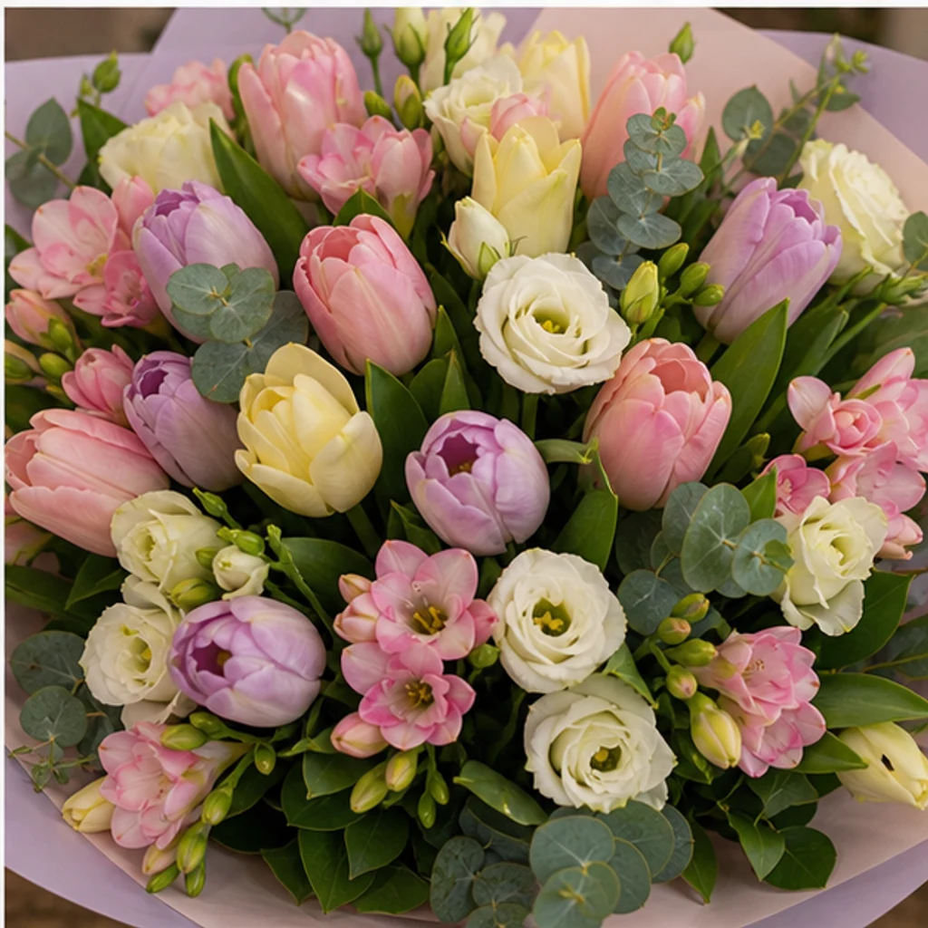 Buchet lalele si frezii pastel cu lisianthus - poza 4