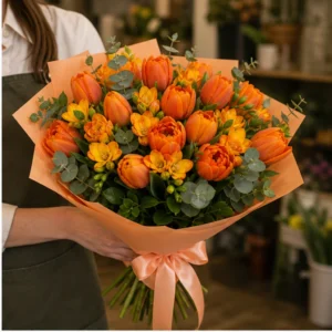 Buchet lalele si frezii portocaliu luminos - poza 2