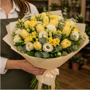 Buchet lalele si frezii premium galben pastel - poza 2