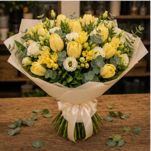 Buchet lalele si frezii premium galben pastel - poza 3