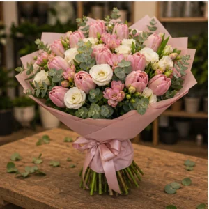 Buchet lalele si frezii premium roz pudrat - poza 3