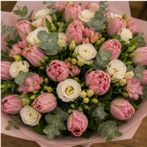 Buchet lalele si frezii premium roz pudrat - poza 4