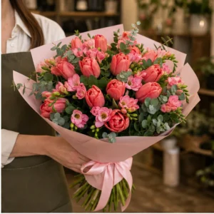 Buchet lalele si frezii roz coral - poza 2