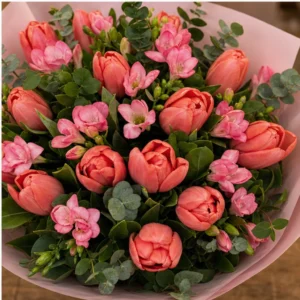 Buchet lalele si frezii roz coral - poza 4