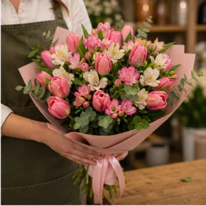 Buchet lalele si frezii roz cu alstroemeria - poza 2