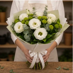 Buchet Lisianthus alb cu santini verde - poza 3