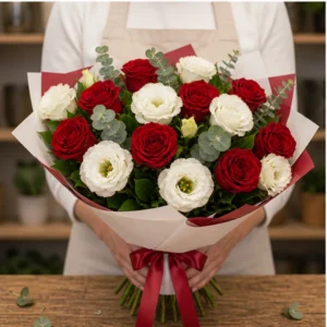 Buchet Lisianthus alb cu trandafiri rosii - poza 3