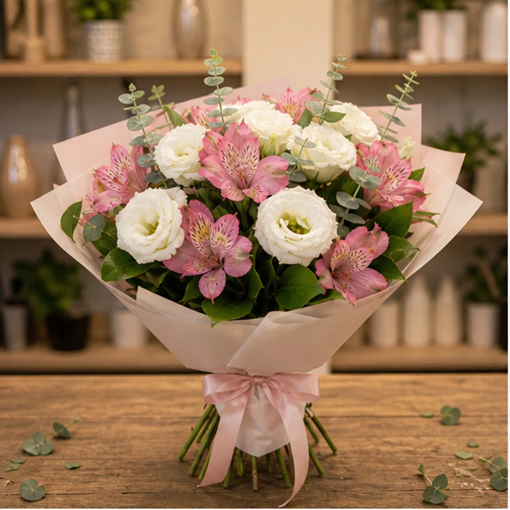 Buchet Lisianthus alb si alstroemeria roz - poza 1