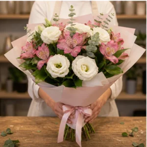 Buchet Lisianthus alb si alstroemeria roz - poza 3