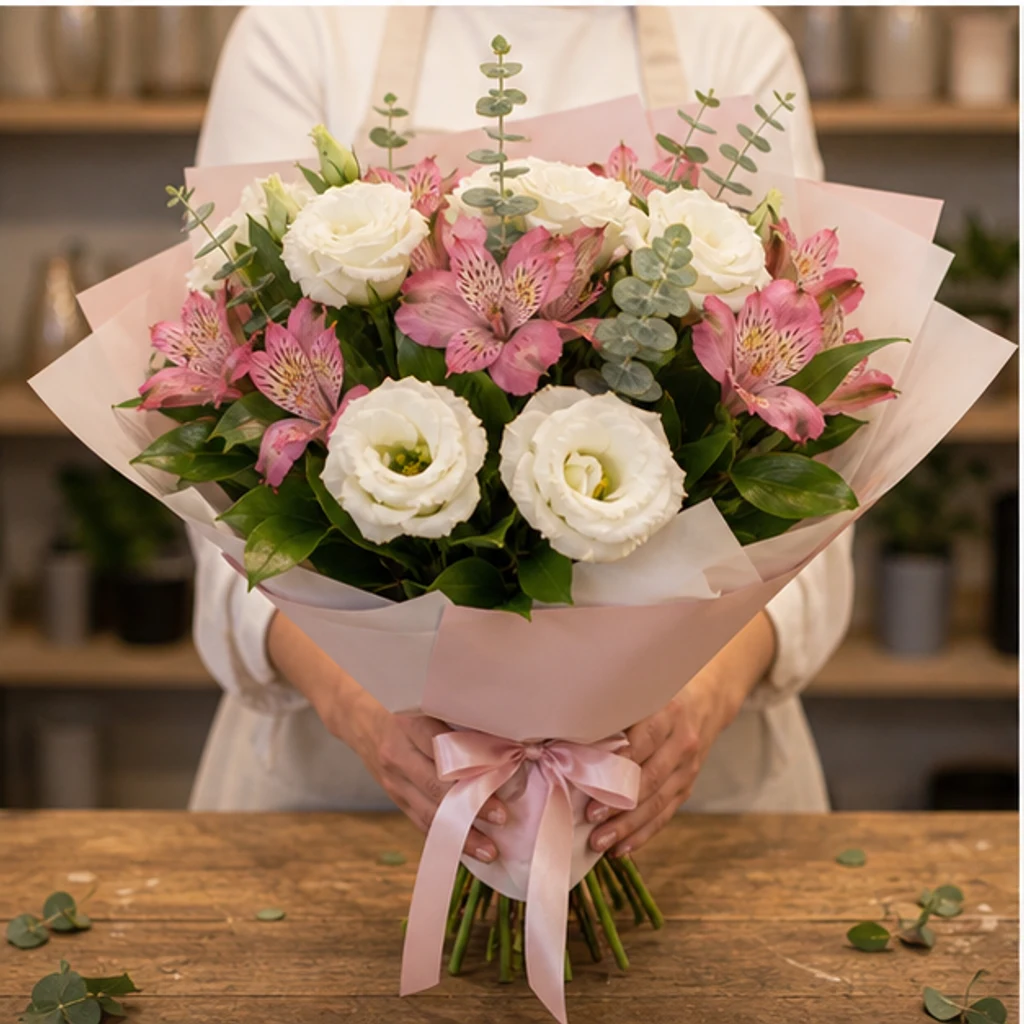 Buchet Lisianthus alb si alstroemeria roz - poza 3