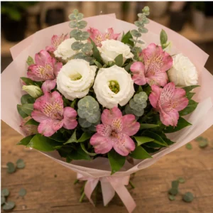 Buchet Lisianthus alb si alstroemeria roz - poza 4