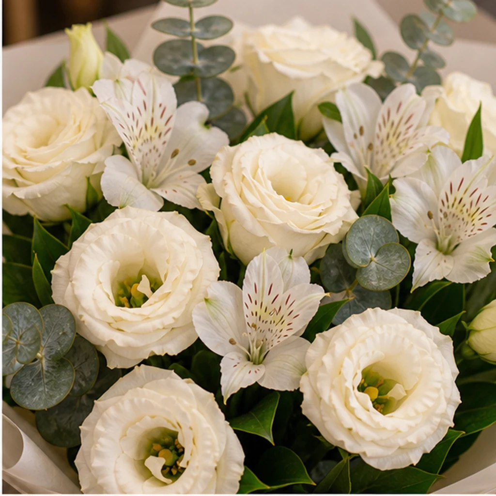 Buchet Lisianthus crem cu alstroemeria alba - poza 2