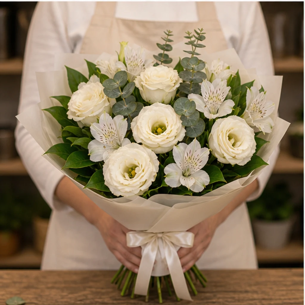 Buchet Lisianthus crem cu alstroemeria alba - poza 3