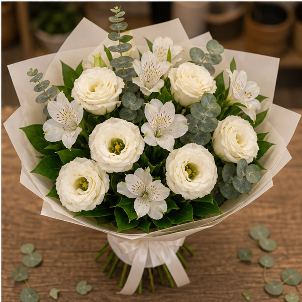 Buchet Lisianthus crem cu alstroemeria alba - poza 4