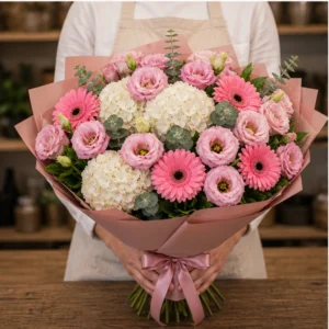 Buchet Lisianthus de lux roz cu gerbera si hortensie - poza 3