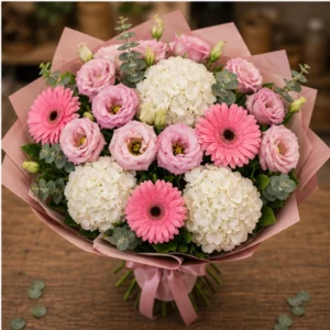 Buchet Lisianthus de lux roz cu gerbera si hortensie - poza 4