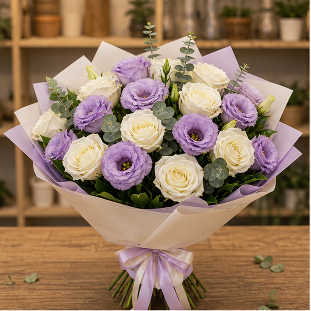 Buchet Lisianthus elegant lila cu trandafiri albi - poza 1