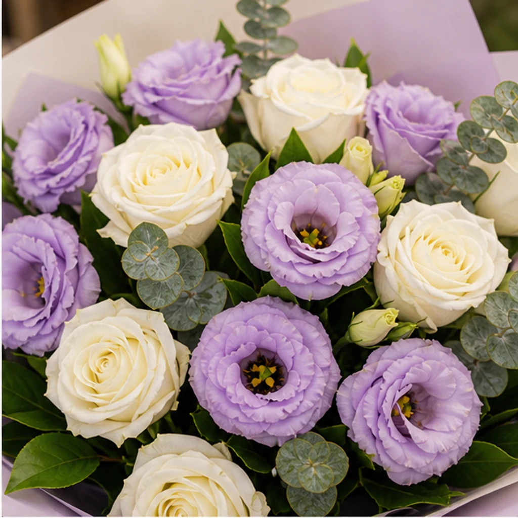 Buchet Lisianthus elegant lila cu trandafiri albi - poza 2